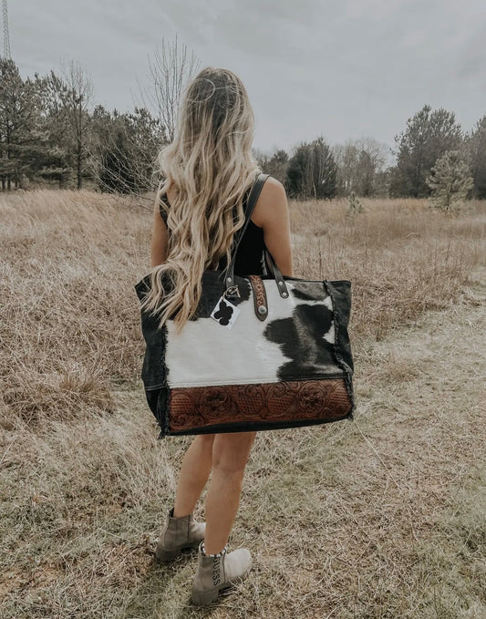 Cowhide Tooled Leather Travel Overnight Weekender