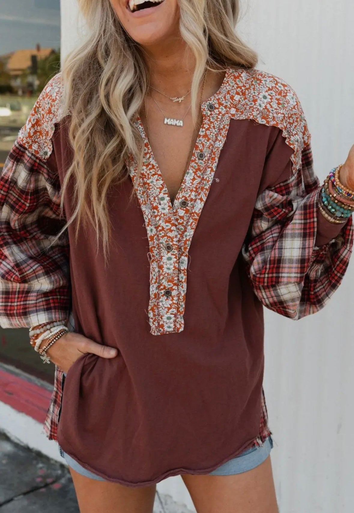 Mixed Print Boho Blouse